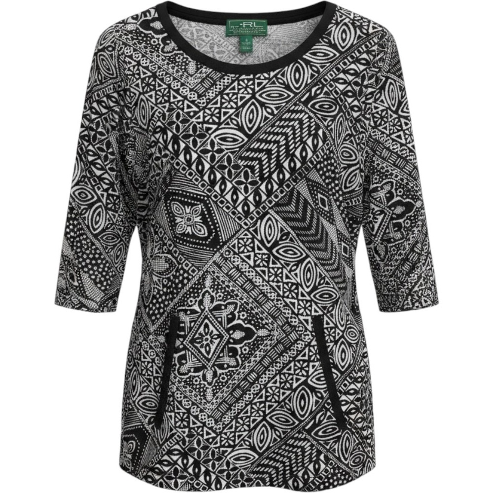 L-RL Lauren Active Ralph Lauren Black White Geometric Print 3/4 Sleeve Top S